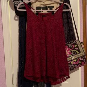 Burgundy Red Lace Tank Top with Drawstring Straps